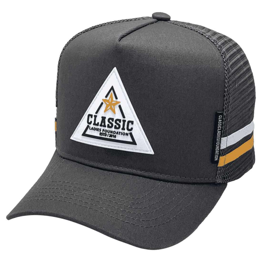 Classic Ladies Foundation HP Midrange Aussie Trucker Hat Charcoal/White/Orange Cotton Mens