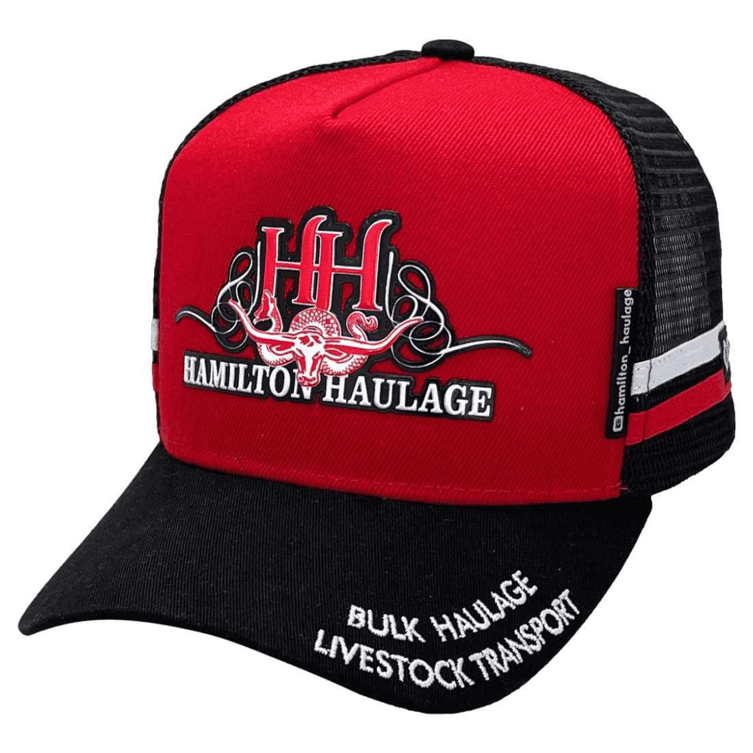 Hamilton Haulage Livestock Transport HP Midrange Aussie Trucker Hats - Cotton Red/Black