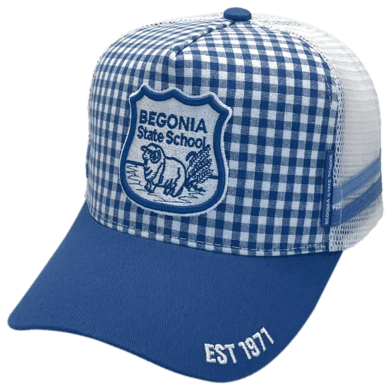 Begonia State School QLD HP Custom Midrange Trucker Hats with double sidebands - Gingham Blue