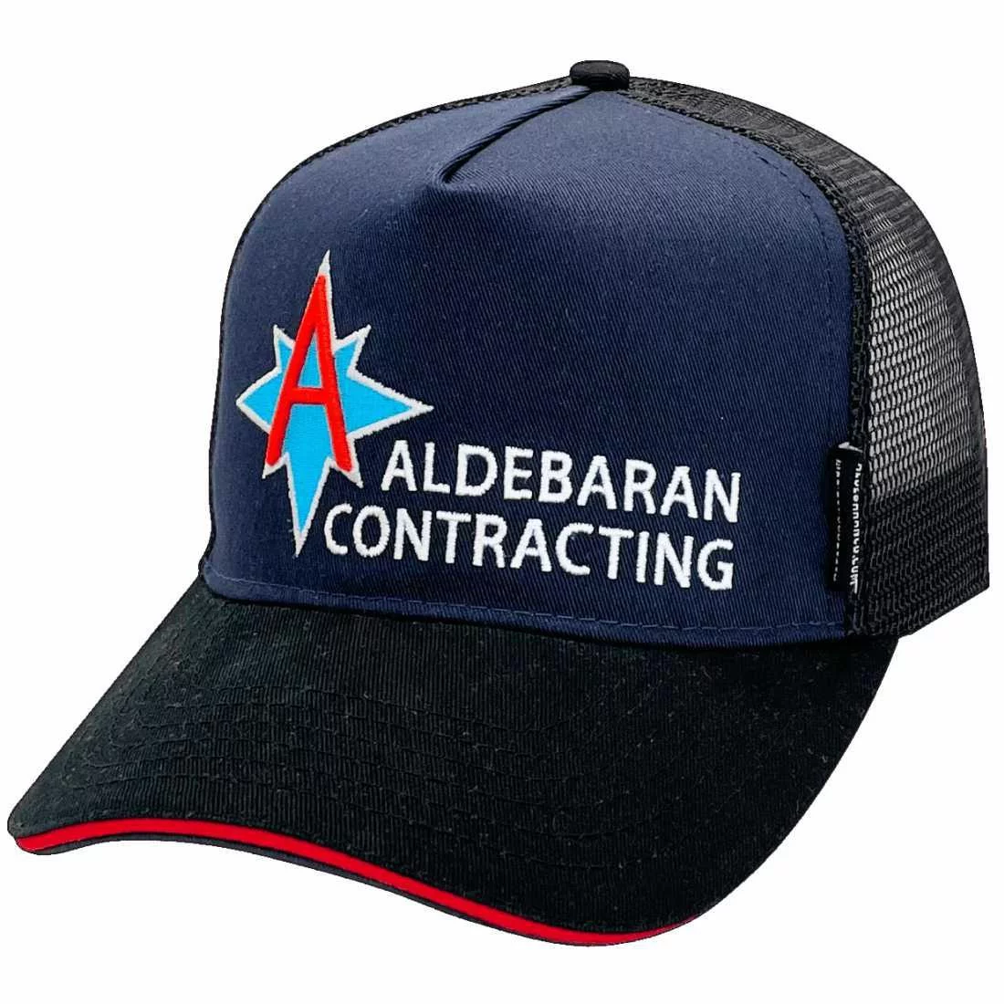 Aldebaran Construction NT Power Aussie Trucker Hat with Australian Headfit Crown size Navy Black Red