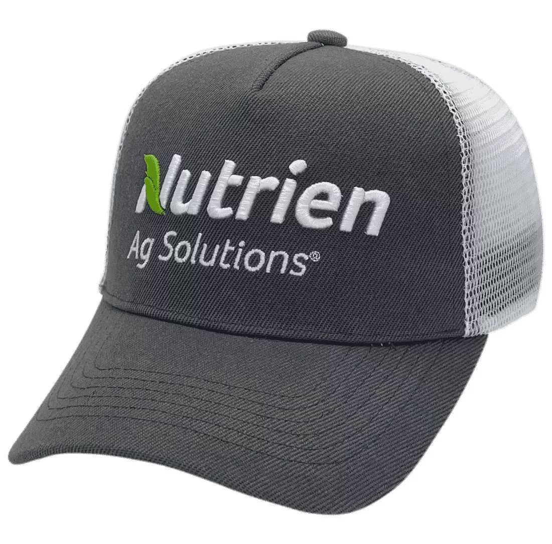 Nutrien Ag Solutions LP Original Basic Aussie Trucker Hat snapback with optional NO sidebands Dark Grey White with Exclusive Aussie Head Fit