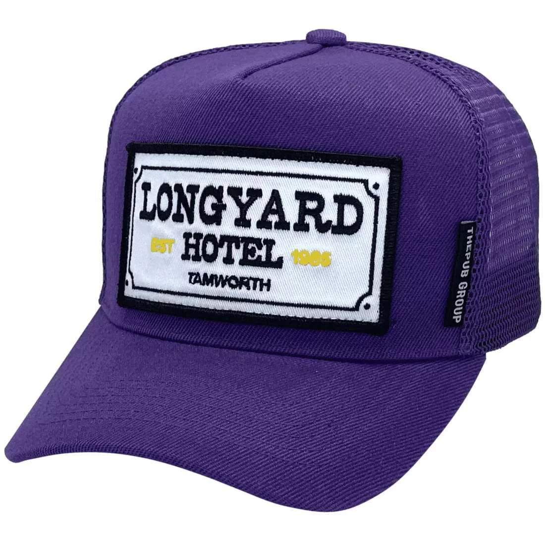 Longyard Hotel Tamworth NSW HP Original Basic Aussie Trucker Hat with optional NO sidebands Exclusive Australian Head Fit & sew-on embroidered badge with merrill edge Purple
