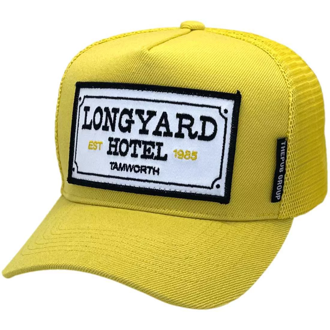 Longyard Hotel Tamworth NSW HP Original Basic Aussie Trucker Hat snapback with optional NO sidebands and Exclusive Australian Head Fit - Acrylic Yellow