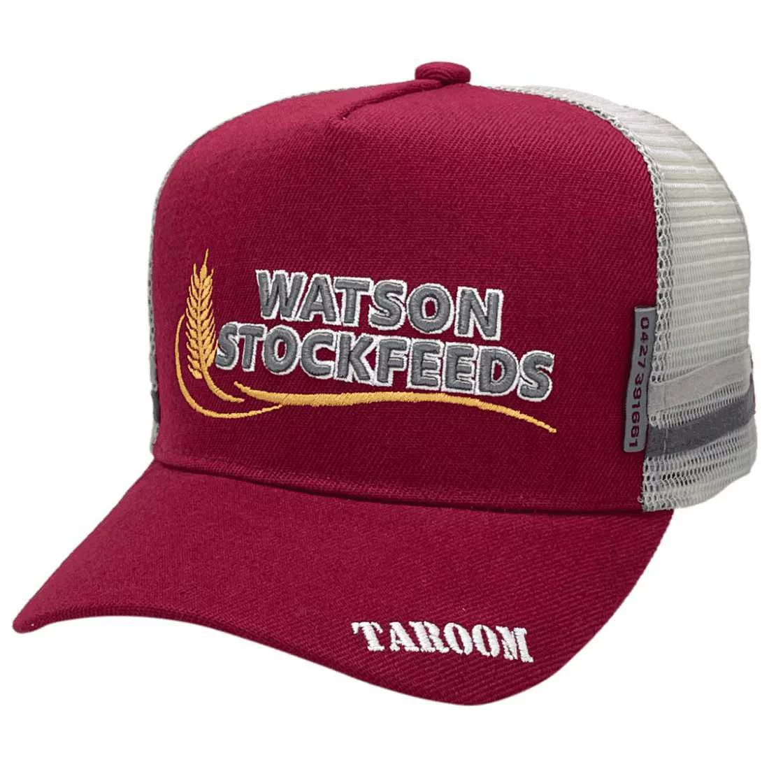 Watson Stockfeeds Taroom Qld HP Original Midrange Aussie Trucker hat with double side bands Acrylic Maroon Grey