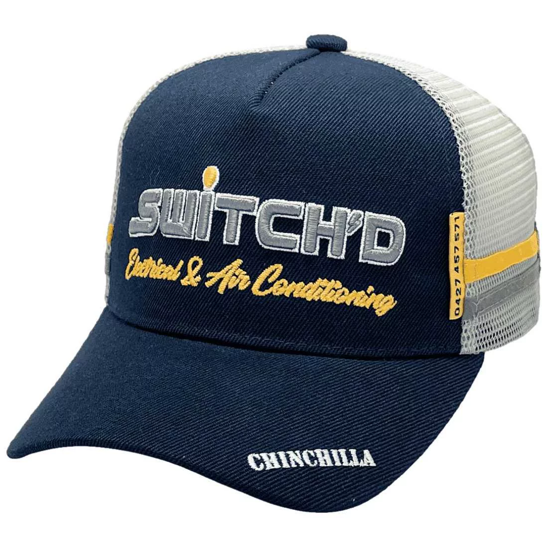 Switch'D Electrical & Air Conditioning Cairns Qld LP Original Midrange Aussie Trucker Hat with double side bands - Navy Gold Grey