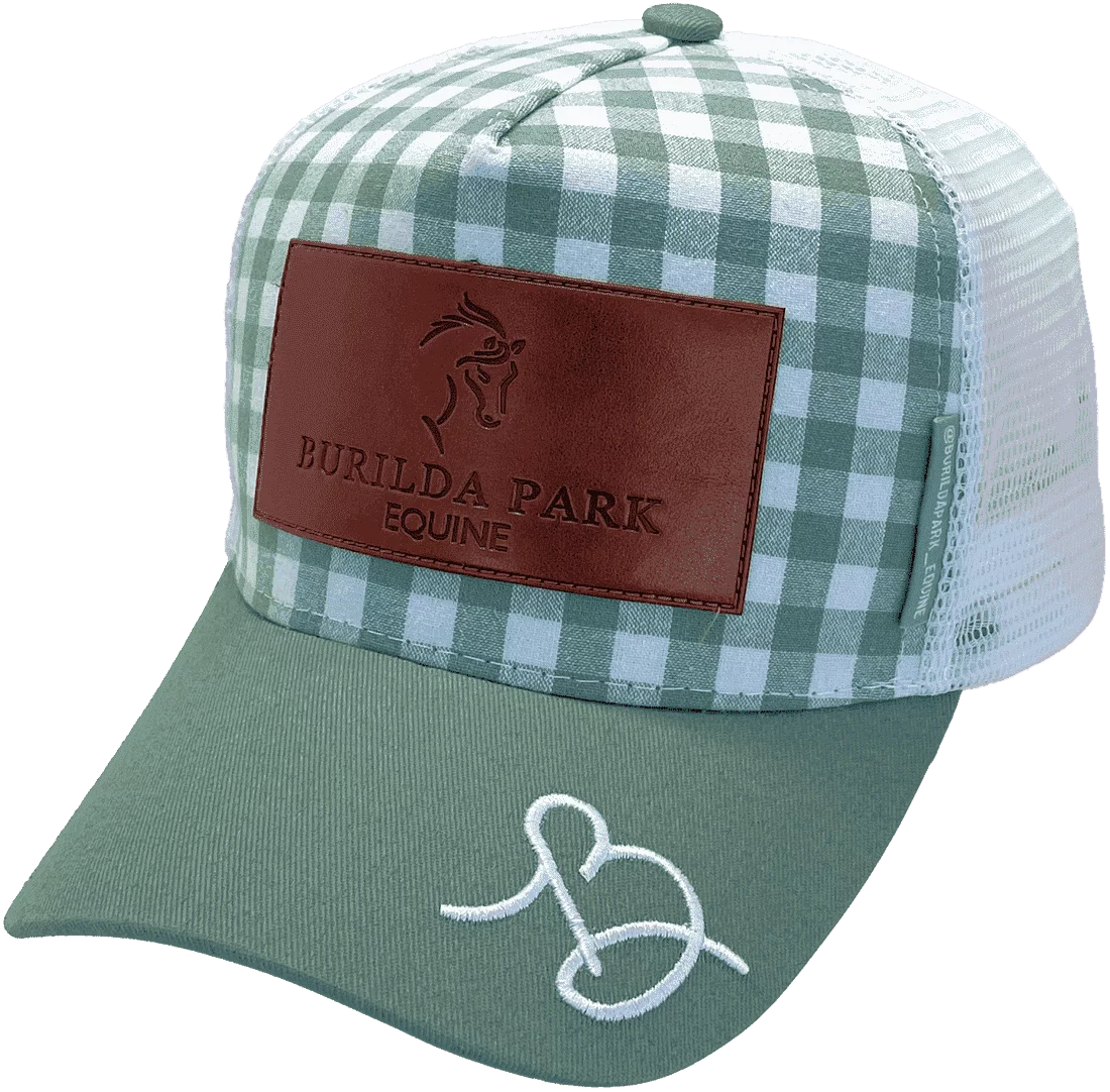 Burilda Park Equine Horseman Clinics Oberon NSW HP Original Midrange Aussie Trucker Hat with double side bands Cotton Gingham Green White with leather badge