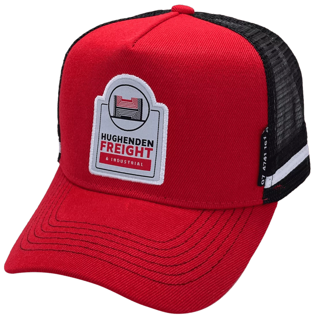 Hughenden Freight & Industrial Qld HP Original Midrange Aussie Trucker Hat with double side bands Acrylic Red Black White with woven badge