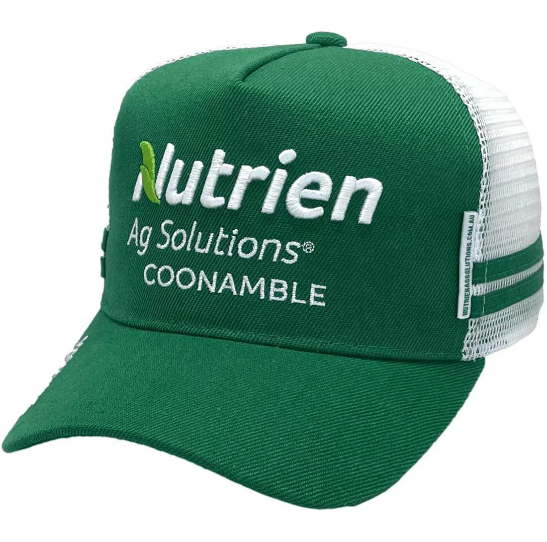 Nutrien Ag Solutions Coonamble NSW HP Original Basic Aussie Trucker Hat with double side bands acrylic Green White with 3d embroidery effect