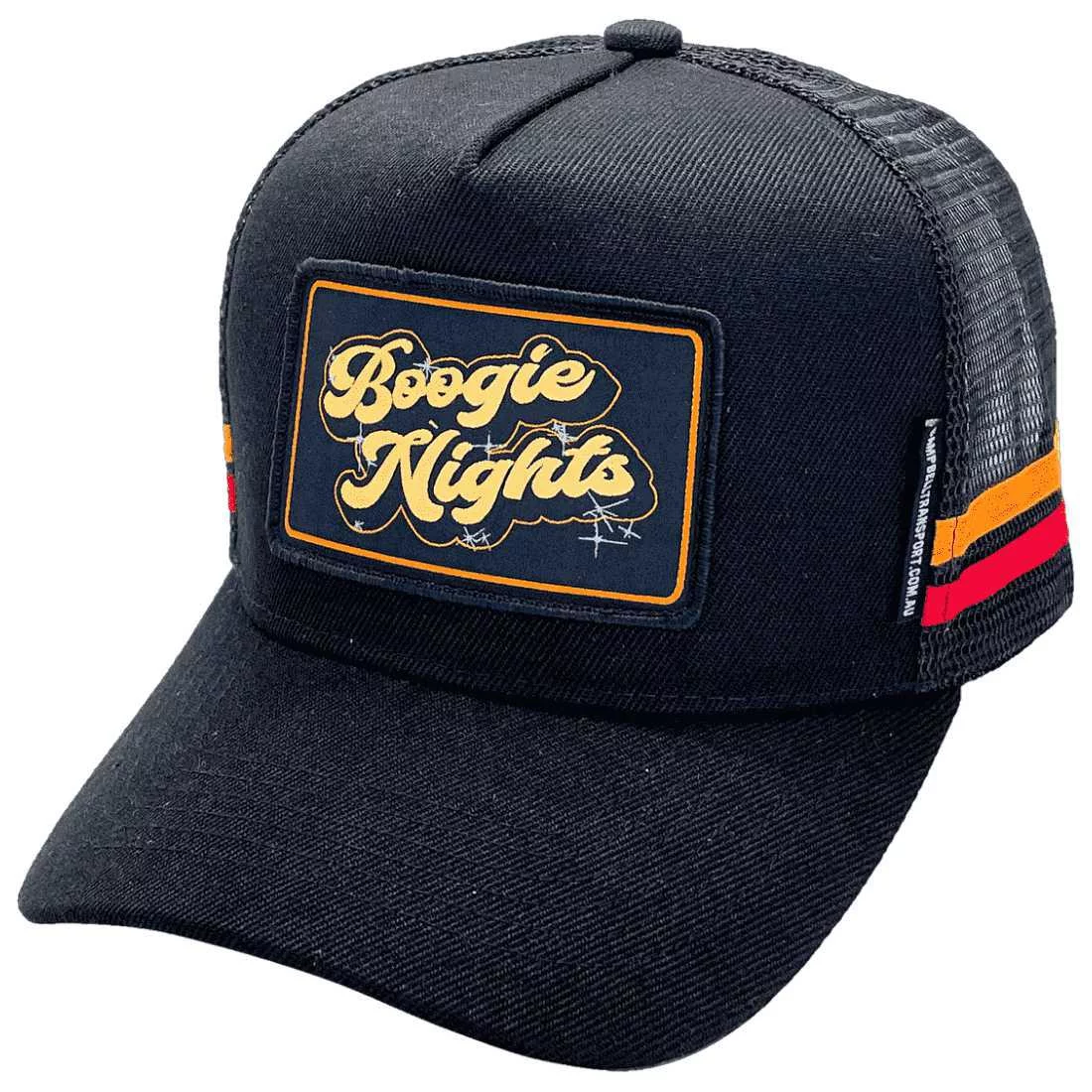 D.A. Campbell Transport Bathurst NSW HP Boogie Nights Original Basic Aussie Trucker Hats with double side bands Acrylic Black Orange Red with sew-on woven badge