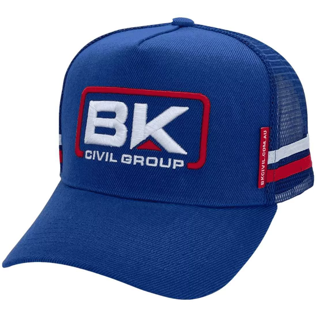 BK Civil Group Cambooya QLD HP Original Basic Aussie Trucker Hat with double sidebands Acrylic Royal White Red                c
