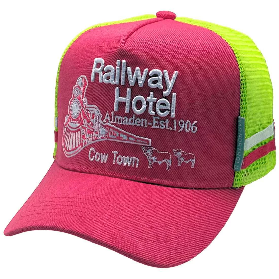 Railway Hotel Almaden QLD HP Original Midrange Aussie Trucker Hat with double side bands Acrylic Hot Pink florescent green
