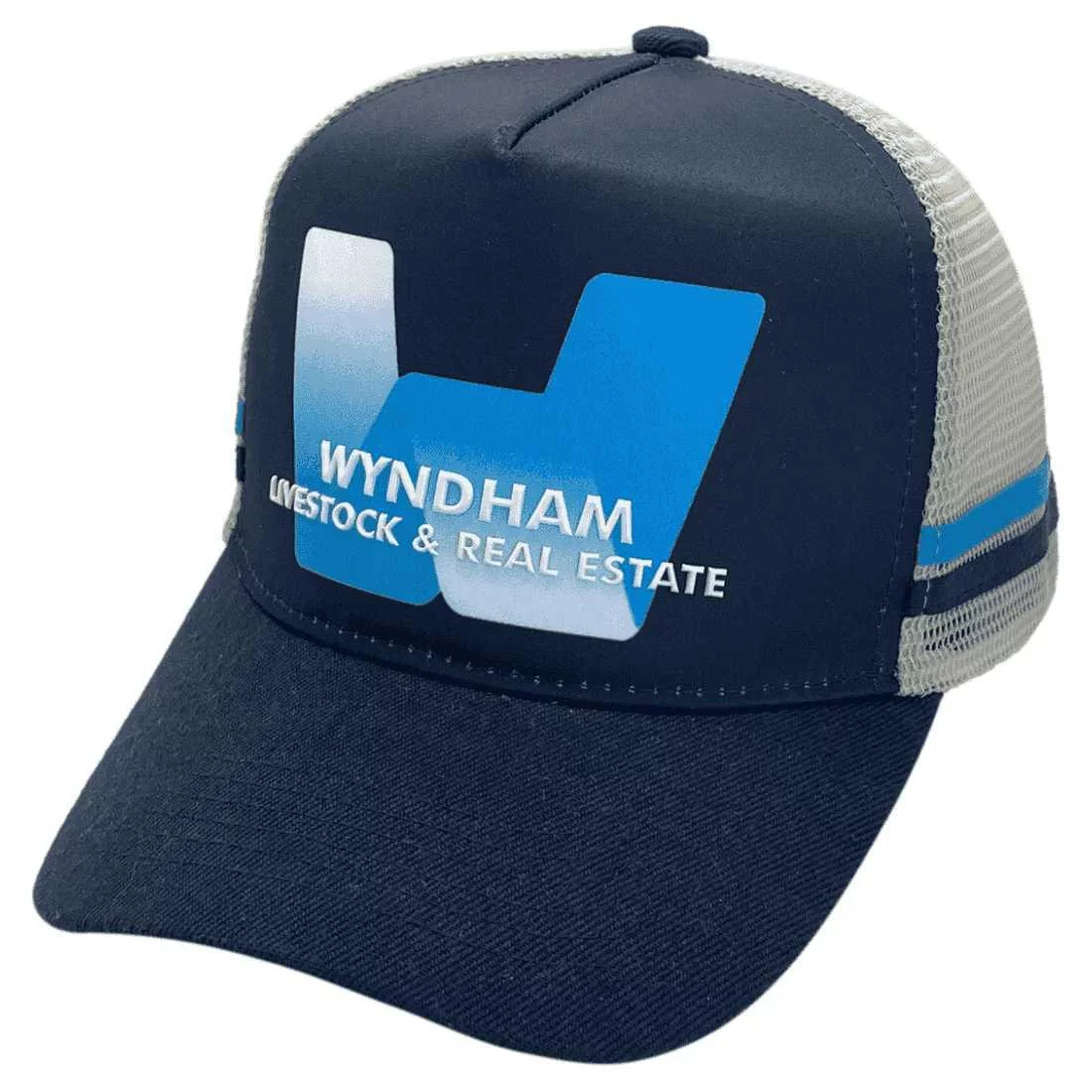 Wyndham Livestock & Real Estate HP Original Midrange Aussie Trucker Hat with double side bands Acrylic Navy Grey Aqua