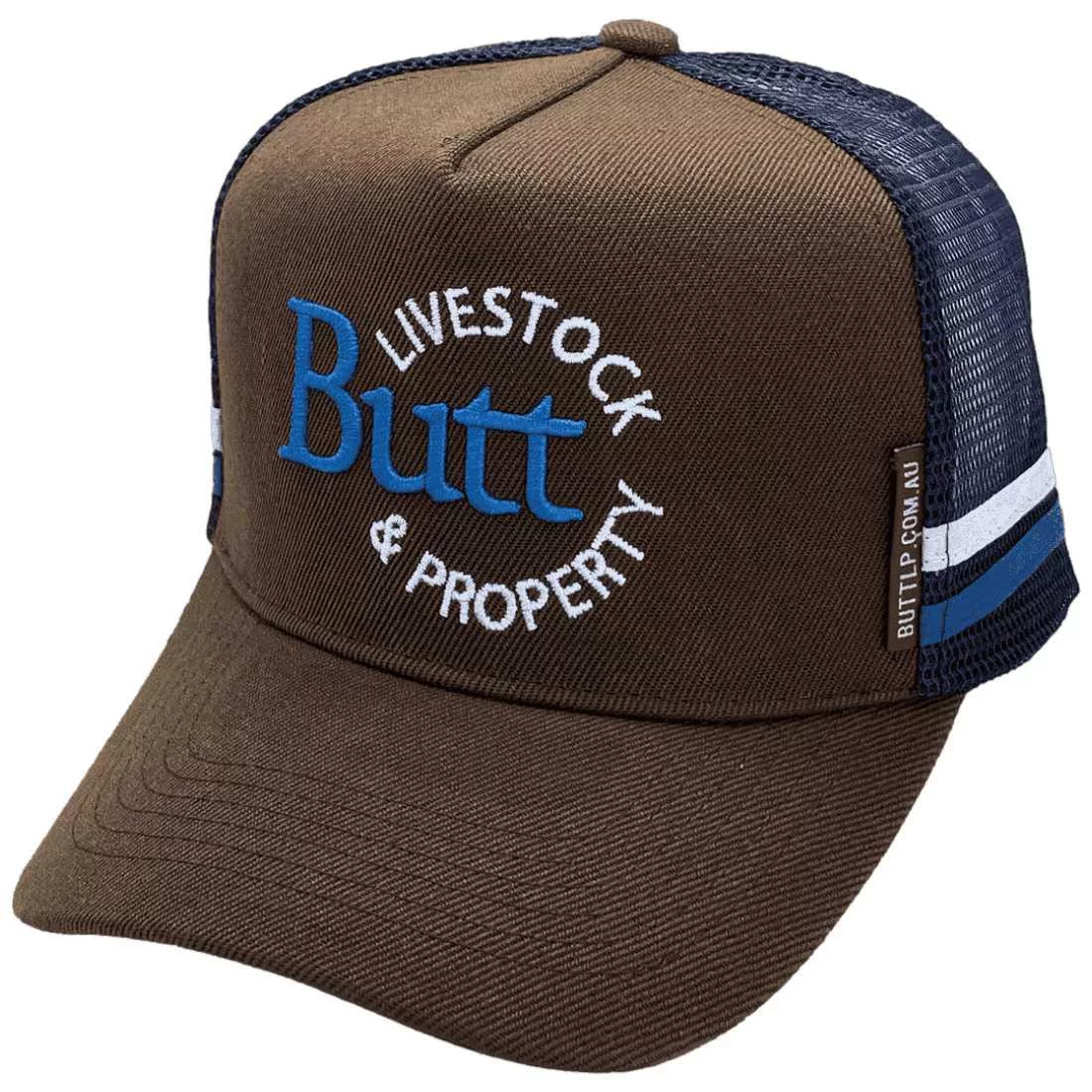Butt Livestock & Property Yass NSW HP Original Midrange Aussie Trucker Hat with Double Side Bands Acrylic Chocolate Navy White