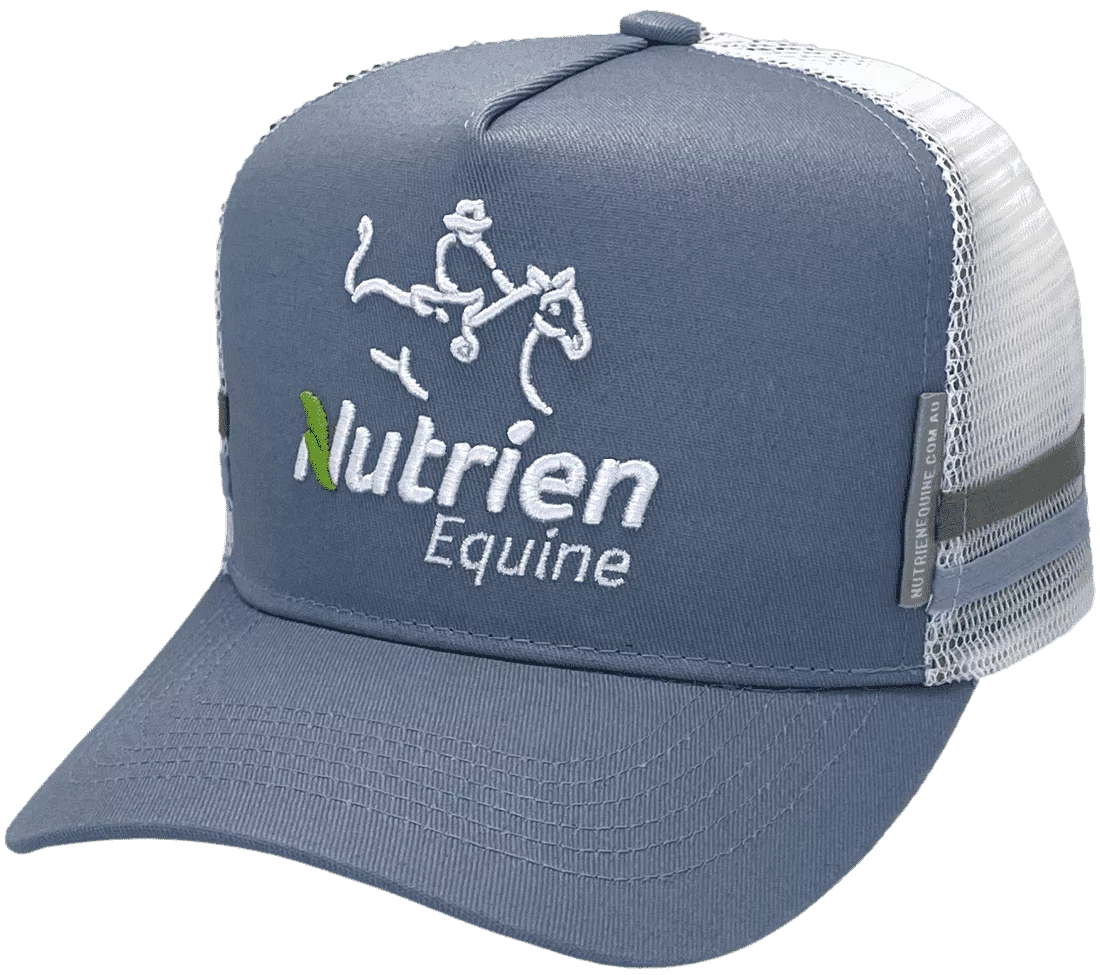 Nutrien Equine Tamworth NSW HP Original Midrange Aussie Trucker Hat with 2 side bands Cotton Blue White Grey