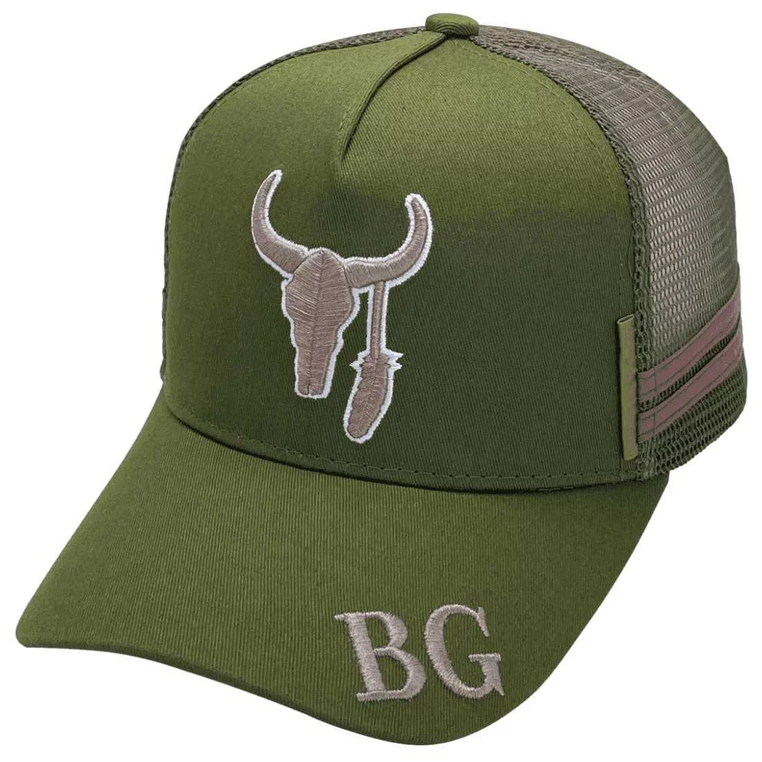 Buffalo Gus Ballarat VIC LP Original Midrange Aussie Trucker Hats with double side bands Army Green Cotton
