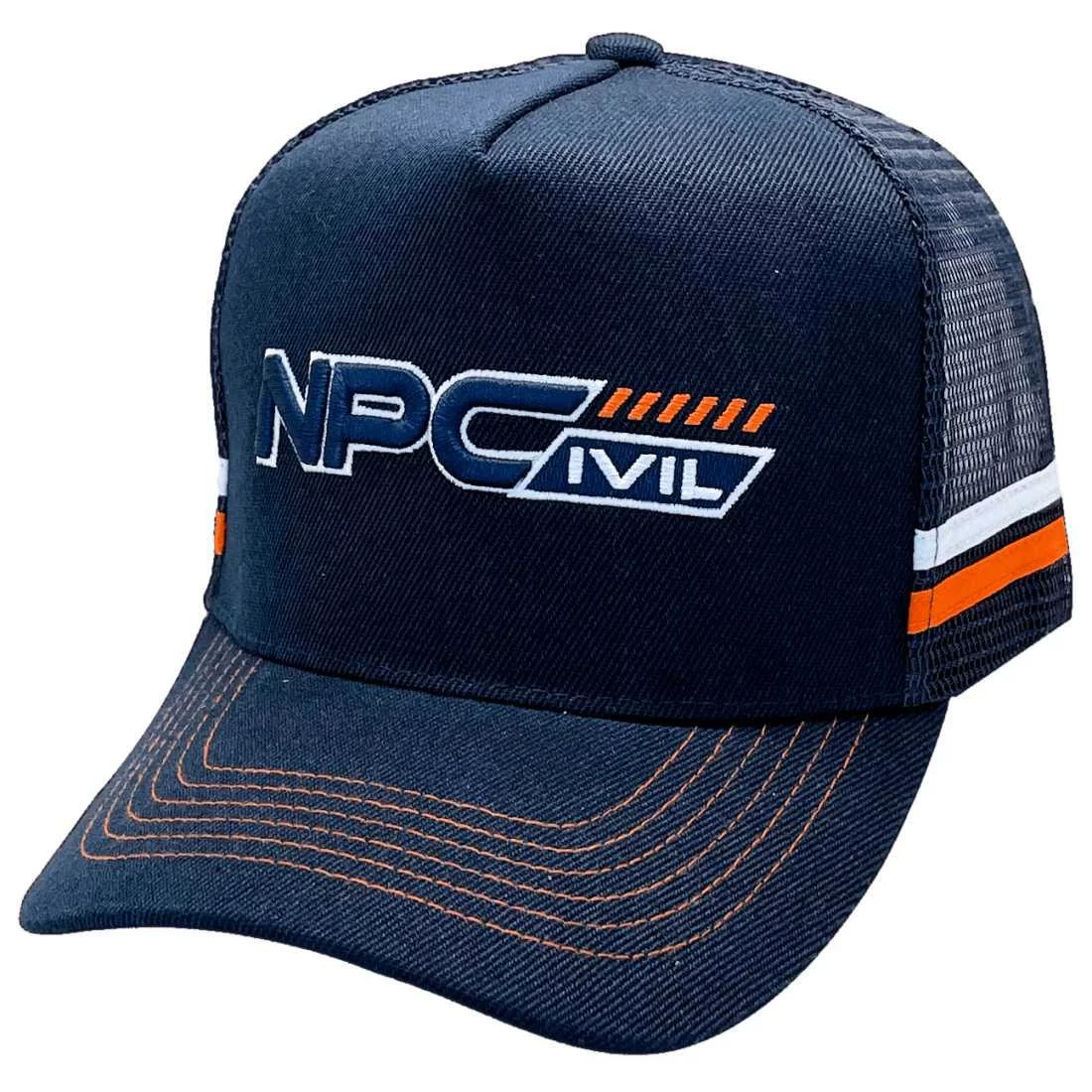 NPCivil  Northern Pavement Consultants HP Midrange Aussie Trucker Hat Navy/Orange/White