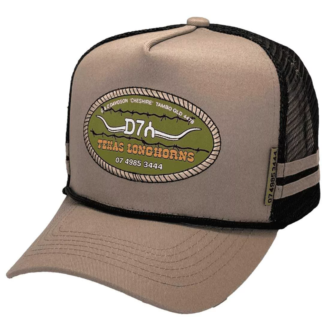 Texas Longhorns D7 Spur Tambo QLD HP Original Midrange Aussie Trucker Hat with double side bands & Australian Head Fit Crown Tan Black
