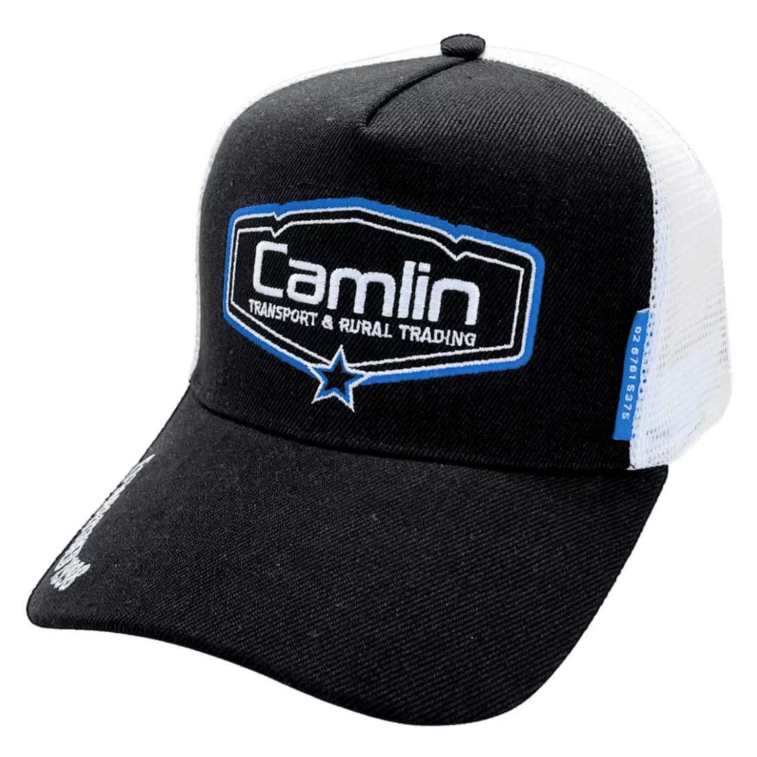 Camlin Transport and Rural Trading Tamworth NSW HP Midrange Aussie Trucker Hat with Australia Head Fit Crown Size black, white, blue