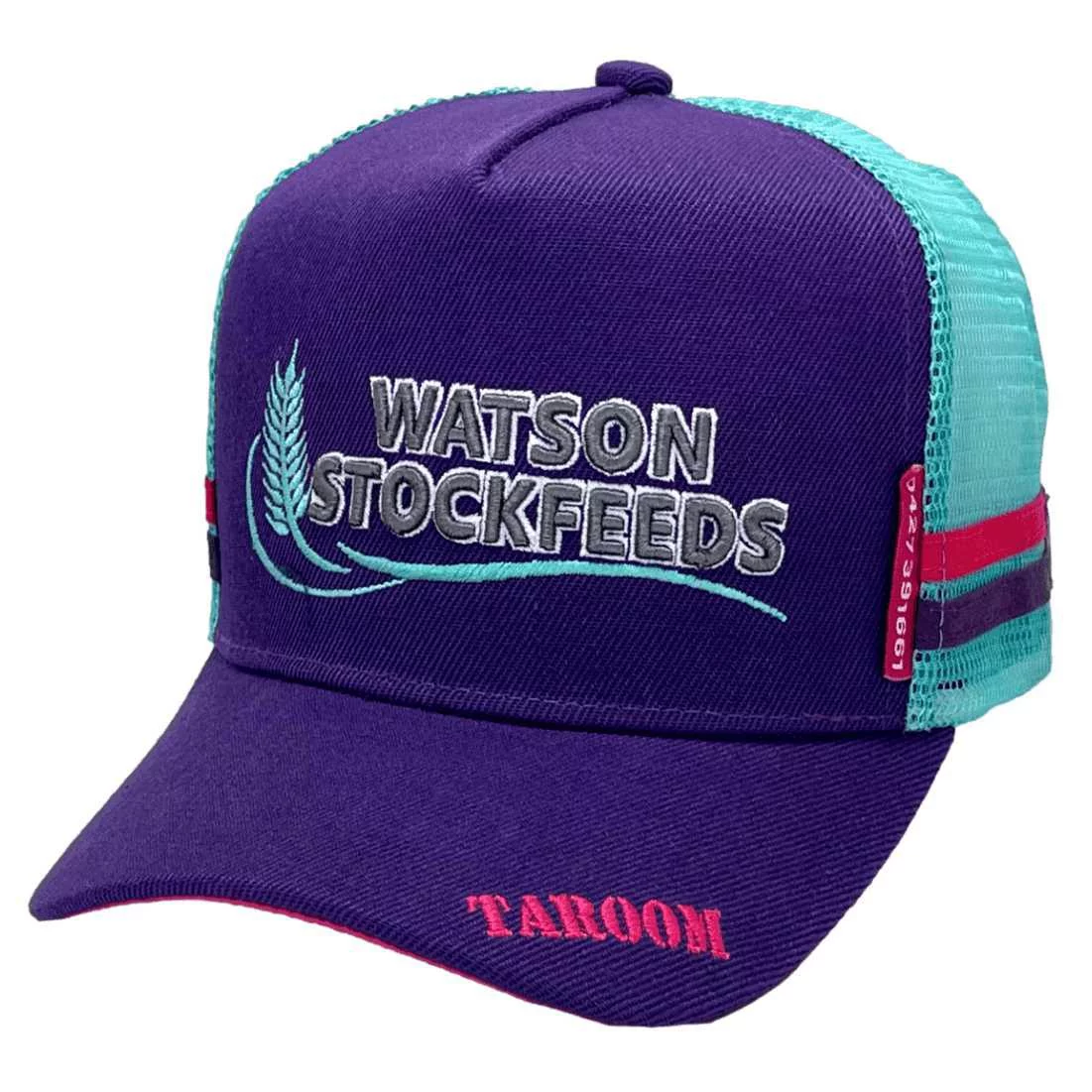 Watson Stockfeeds Taroom Qld HP Original Midrange Aussie Trucker Hat with Australian Head Fit Crown and Double Side Bands Purple Aqua