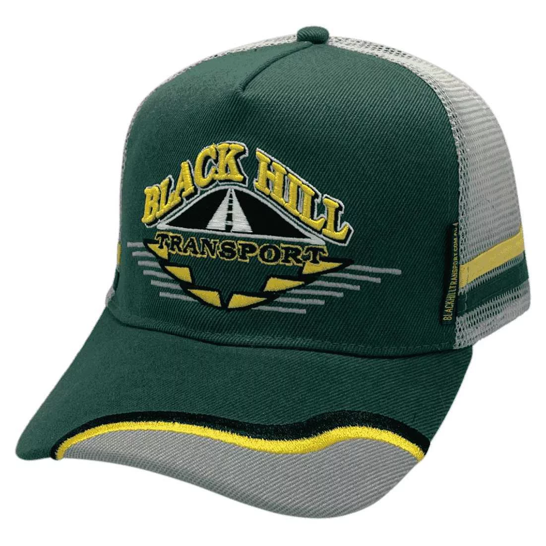 Black Hill Transport Black Hill NSW HP Original Power Aussie Trucker Hat with Design Peak and Double Side Bands Bottle Green Grey Yellow