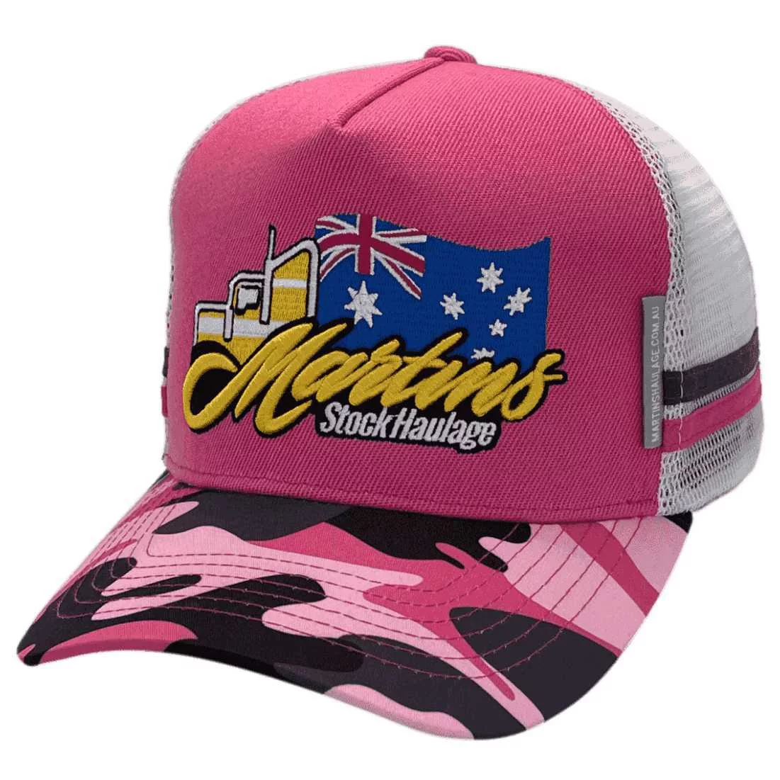 Martins Stock Haulage Scone NSW HP Original Power Aussie Trucker Hat with Australian Head Fit Crown with camouflaged Pink Peak