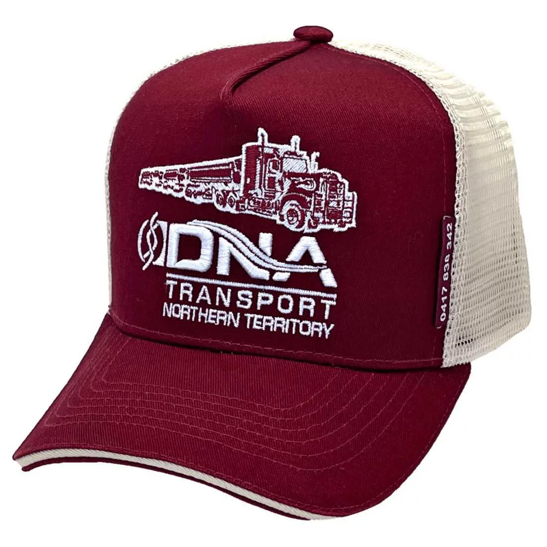 DNA Transport Darwin NT HP Original Basic Aussie Trucker Hat with Australian Head Fit Crown Maroon White