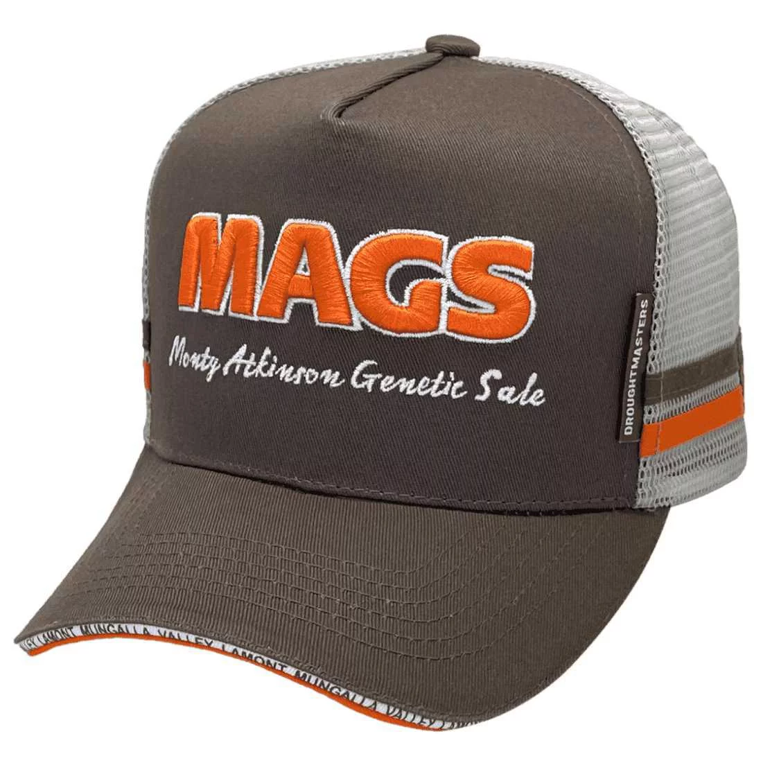 MAGS Monty Atkinson Genetic Sale Ipswich Qld HP Original Power Aussie Trucker Hat with Australian Head Fit Crown and Double Sidebands Brown Orange