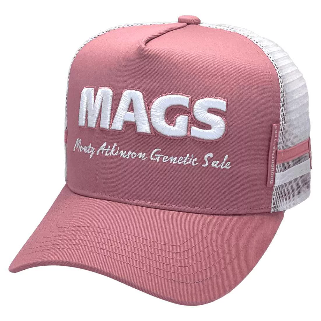 MAGS Monty Atkinson Genetic Sale Ipswich Qld HP Original Midrange Aussie Trucker Hat with Australian Head Fit Crown and 2 Sidebands Dusty Pink White