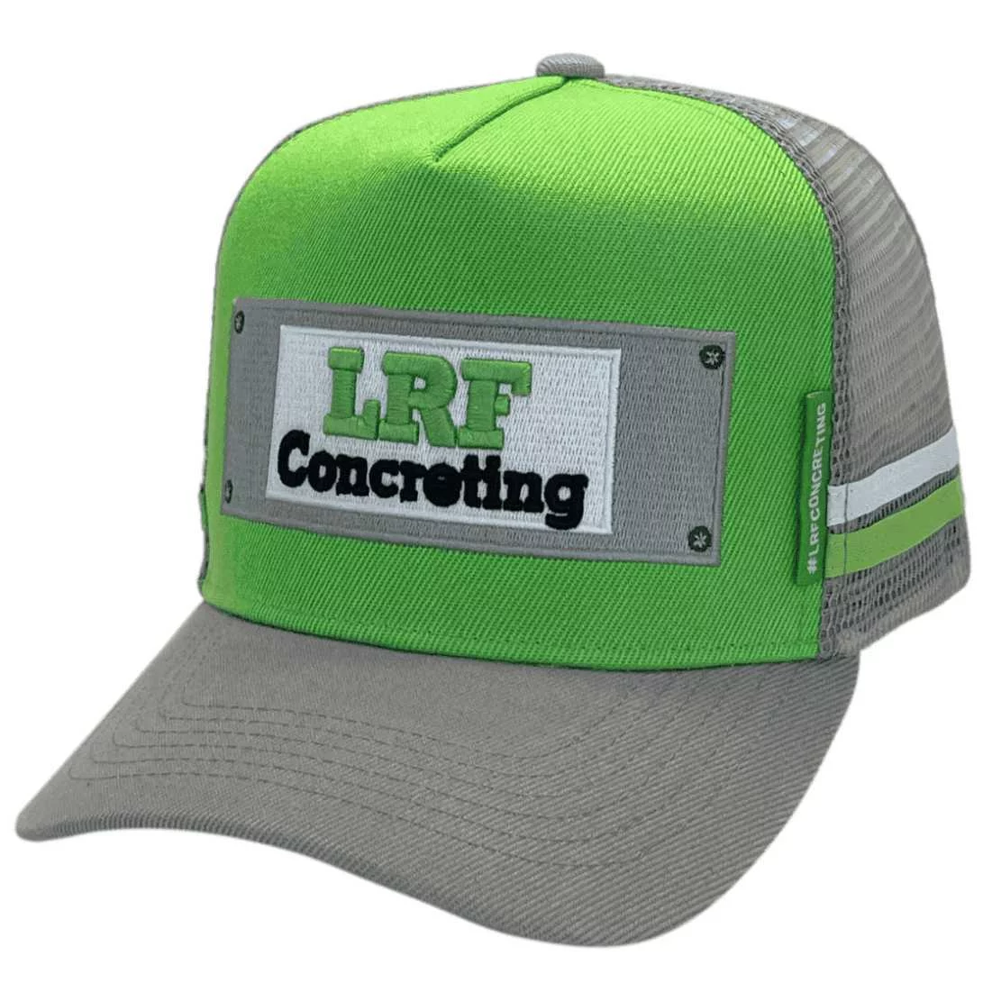 LRF Concreting Oberon NSW HP Original Midrange Aussie Trucker Hat with Australian Head Fit Crown and 2 Sidebands Lime Grey White