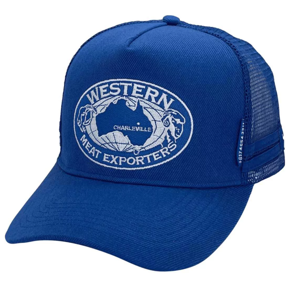 Western Meat Exporters Charleville Qld HP Original Basic Aussie Trucker Hats with Australian Head Fit Crown Size and 2 Sidebands Royal Blue