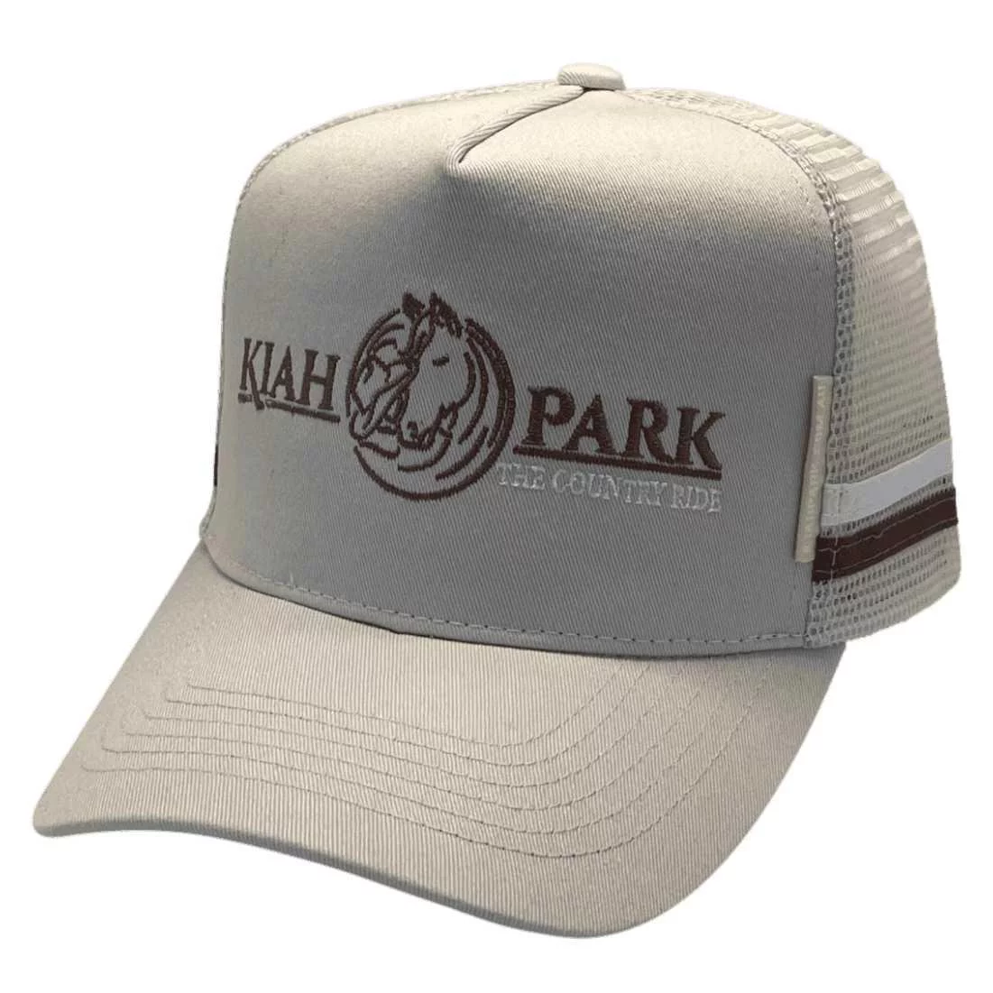 Kiah Park Beenaam Valley QLD HP Original Basic Aussie Trucker Hat with Australian Head Fit Crown and 2 Sidebands Cream White Brown