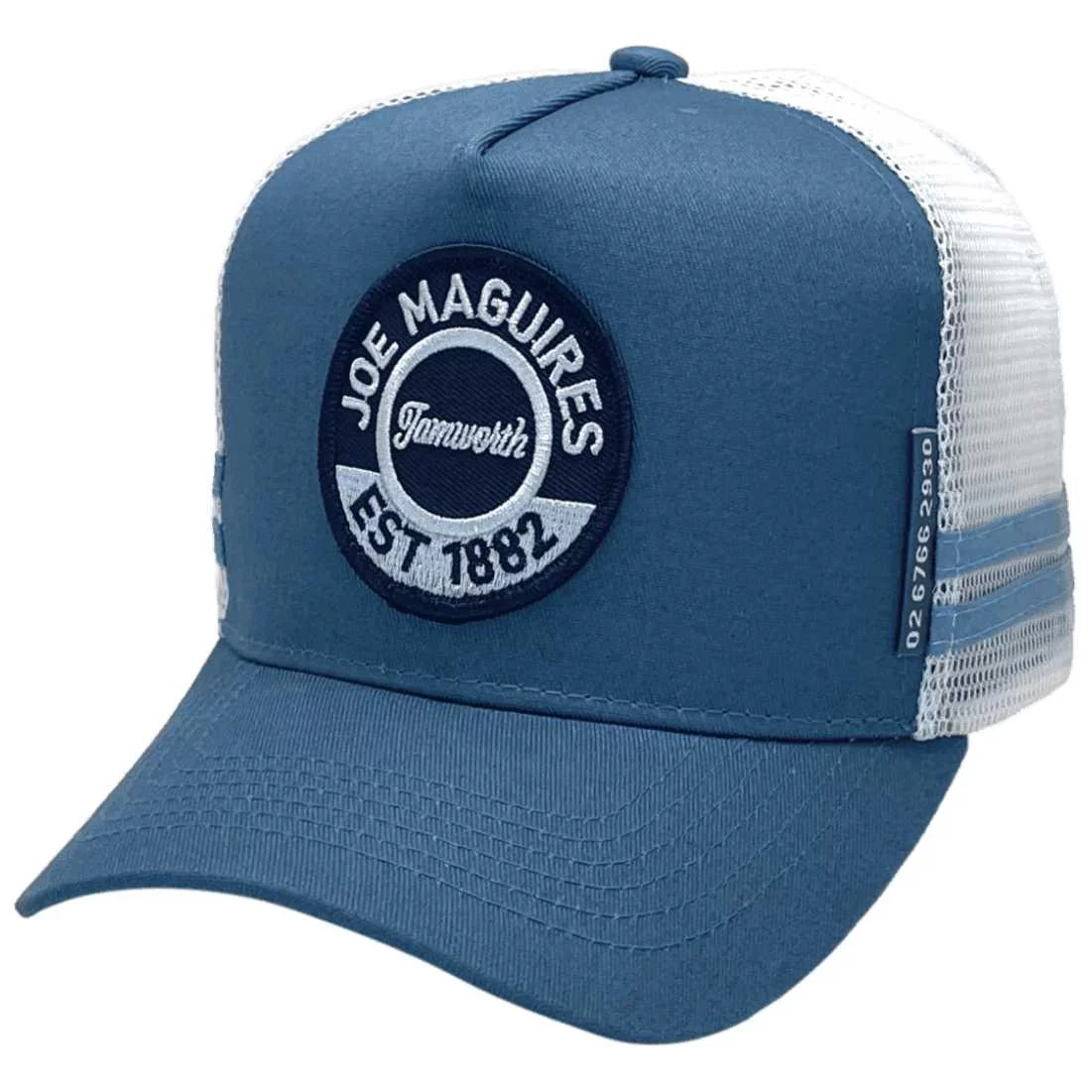 Joe Maguires Tamworth NSW HP Original Basic Aussie Trucker Hat with Australian Head Fit Crown and Double Sidebands Steel Blue