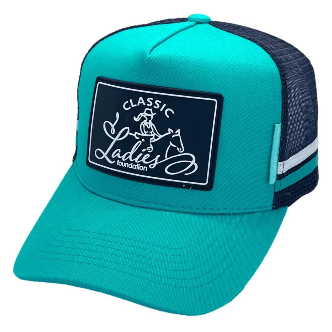 Classic Ladies Foundation Qld HP Original Midrange Aussie Trucker Hat with Australian Head Fit Crown and Rubber Badge Decoration Turquoise Navy White