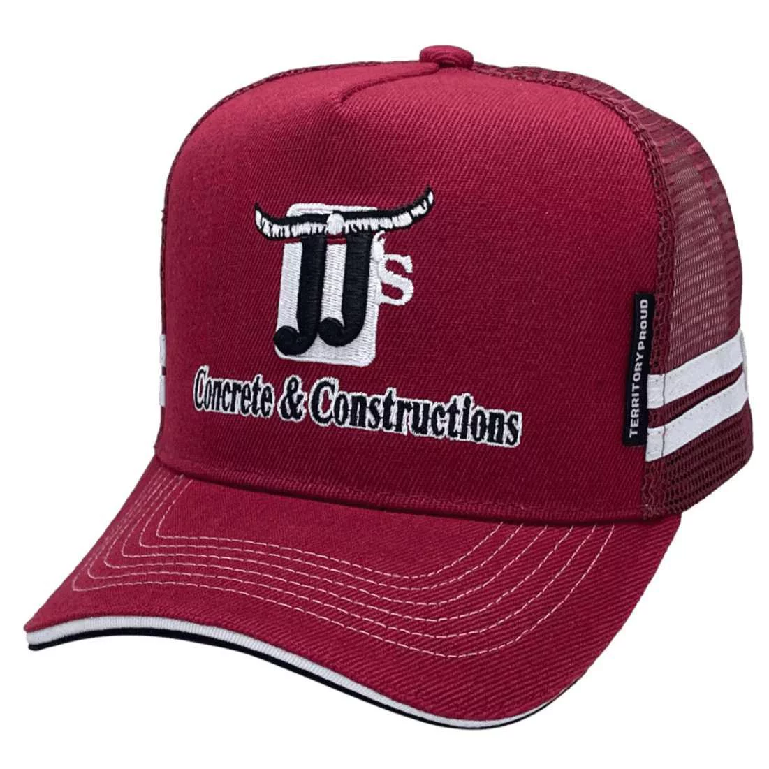 JJs Concreting and Constructions Darwin NT HP Original Power Aussie Trucker Hat with Australian Head Fit Crown and 2 Sidebands Maroon White Black