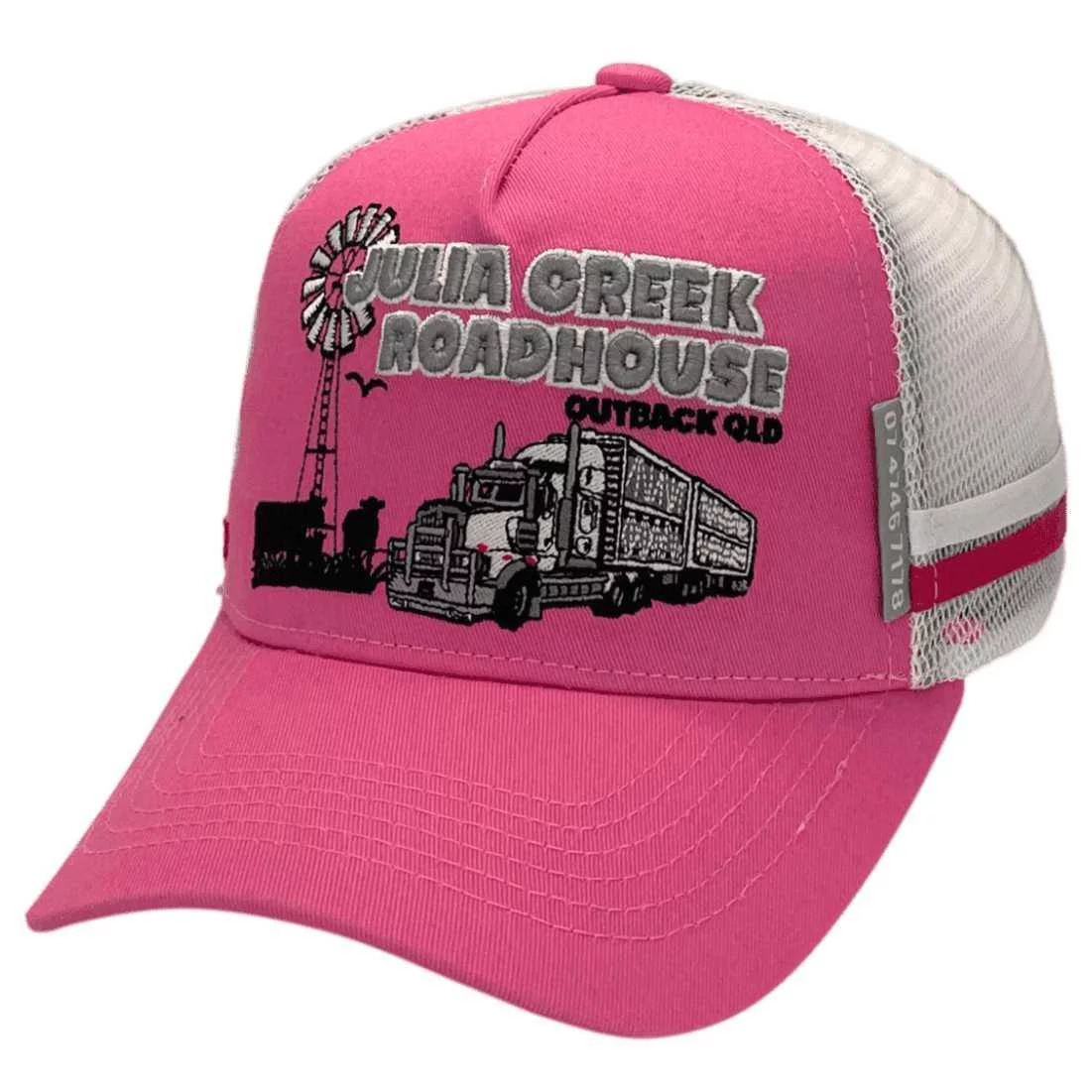 Julia Creek Roadhouse Qld LP Original Midrange Aussie Trucker Hat with Australian Head Fit Crown Sizing and Double Sidebands Pink