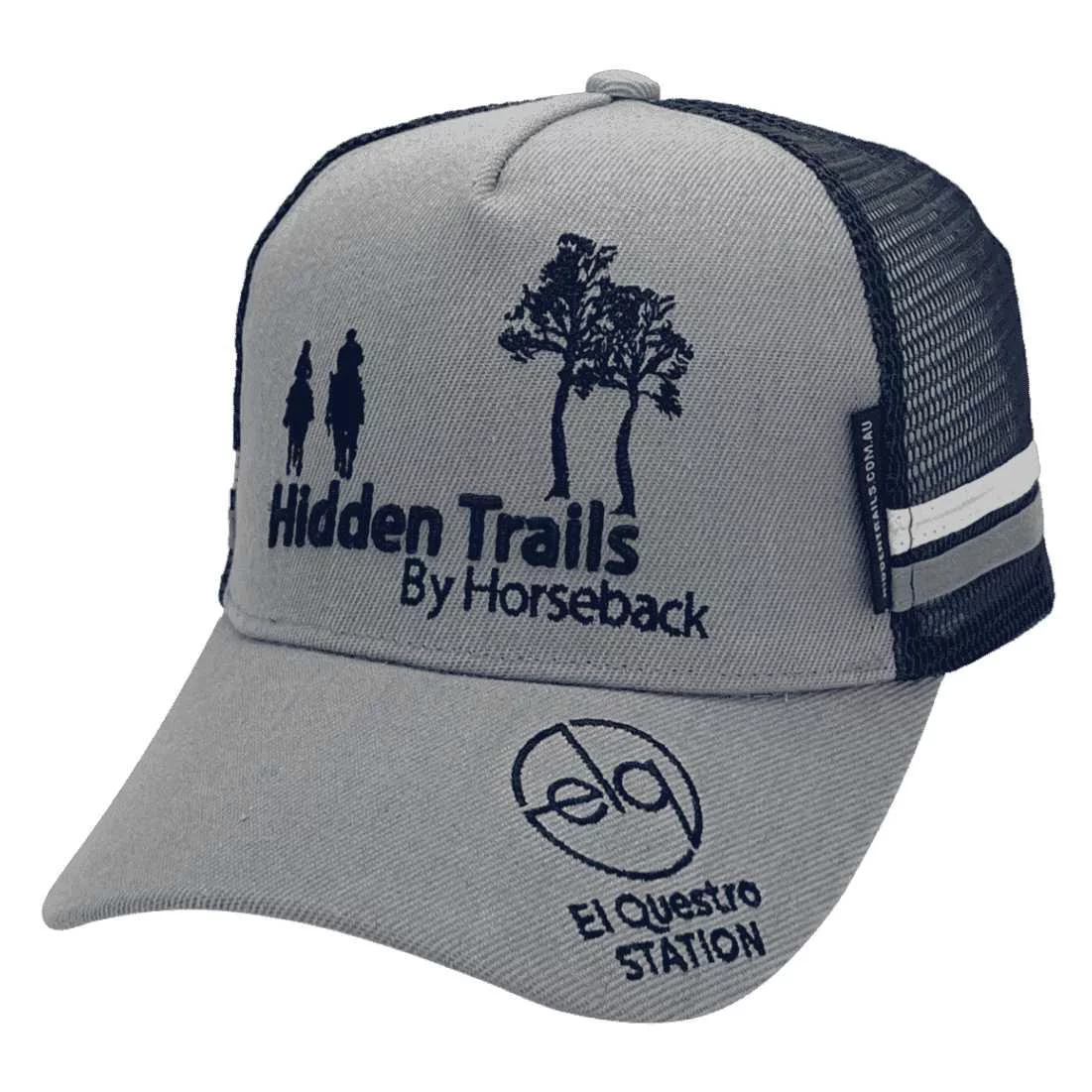 Hidden Trials By Horseback Tolmie Vic LP Midrange Aussie Trucker Hat with Australian Head Fit Crown and Double Side Bands Grey Navy