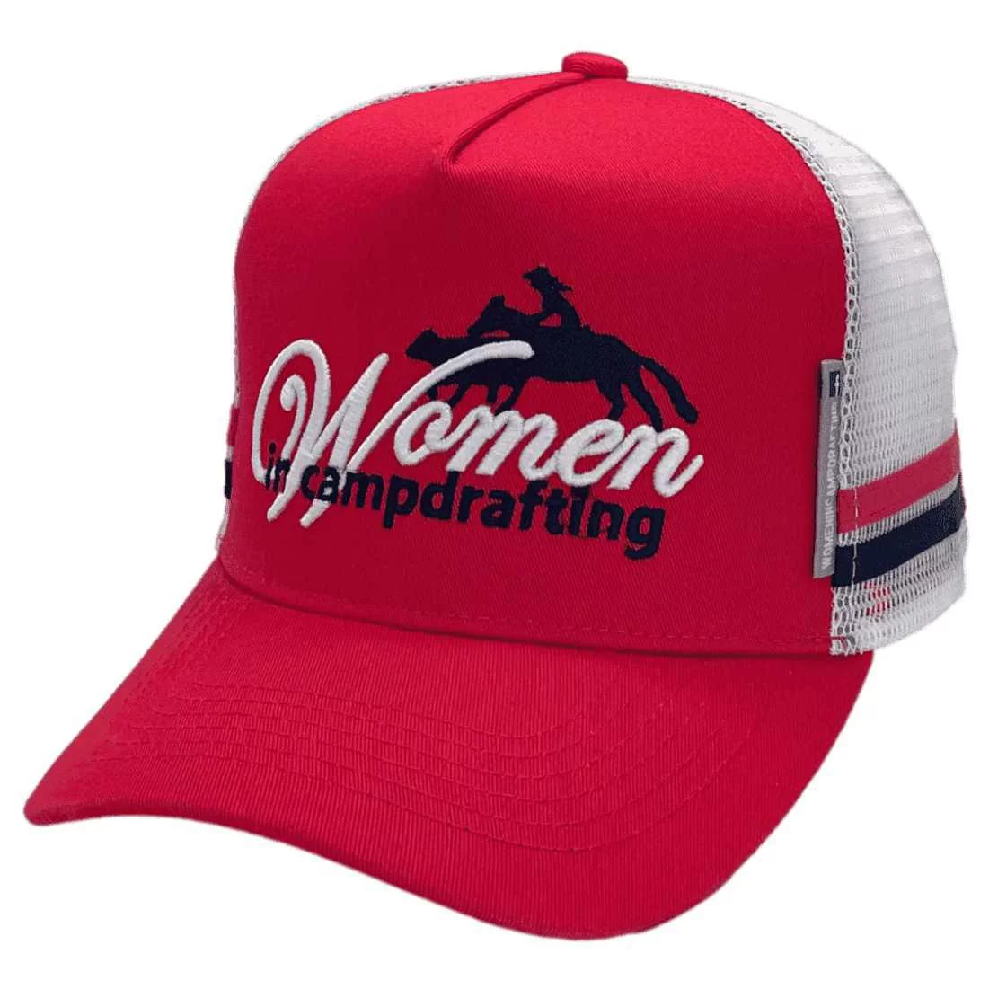 Women In Campdrafting HP Basic Aussie Trucker Hat with Australian Head Fit Crown and Double Side Bands Red White