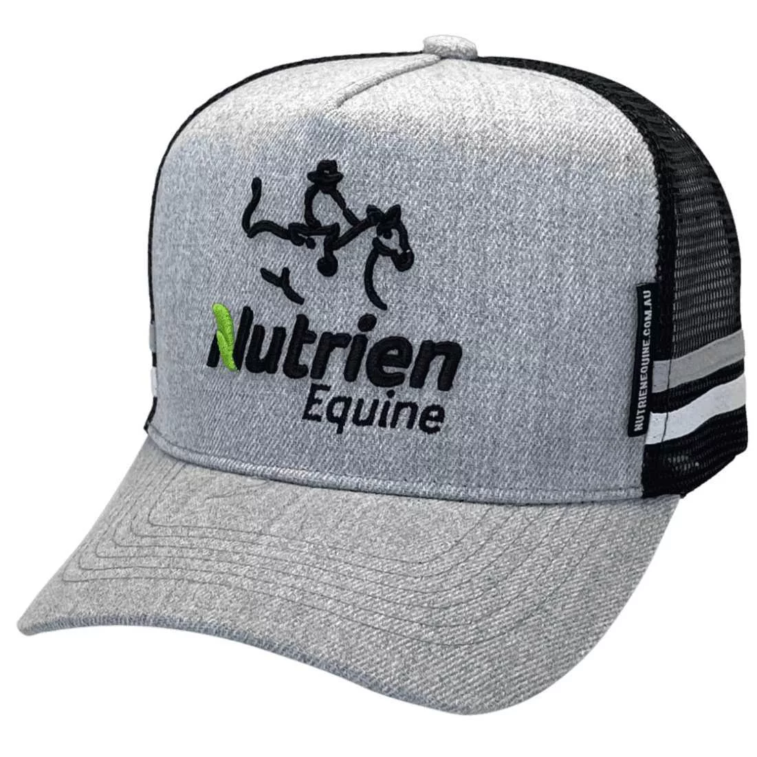 Nutrien Equine Tamworth NSW HP Midrange Aussie Trucker Hat with Australian Head Fit Crown Size and double Side Bands - Marle Grey Fleck Acrylic Fabric