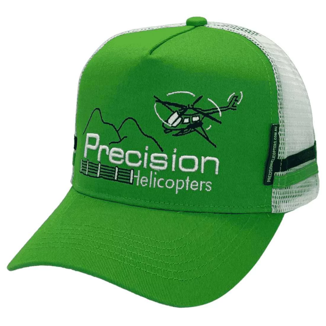 Precision Helicopters Coffs Harbour NSW HP Midrange Aussie Trucker Hat with Australian Head Fit Crown and Double Side Stripes Lime Green, White