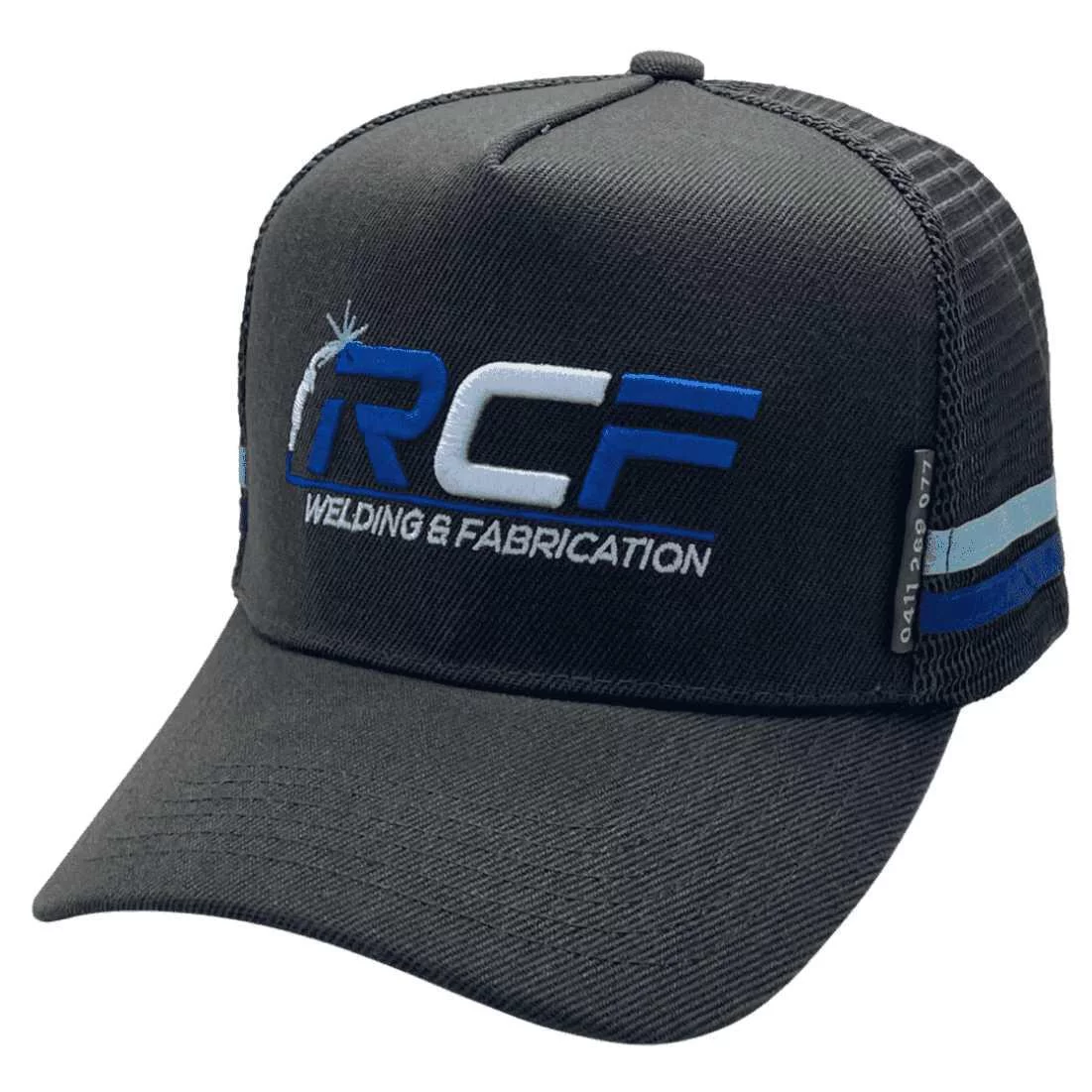 RCF Welding and Fabrication Glenrowan Vic HP Midrange Aussie Trucker Hat with Australian Head Fit Crown and Two Sidebands Black Sky Royal