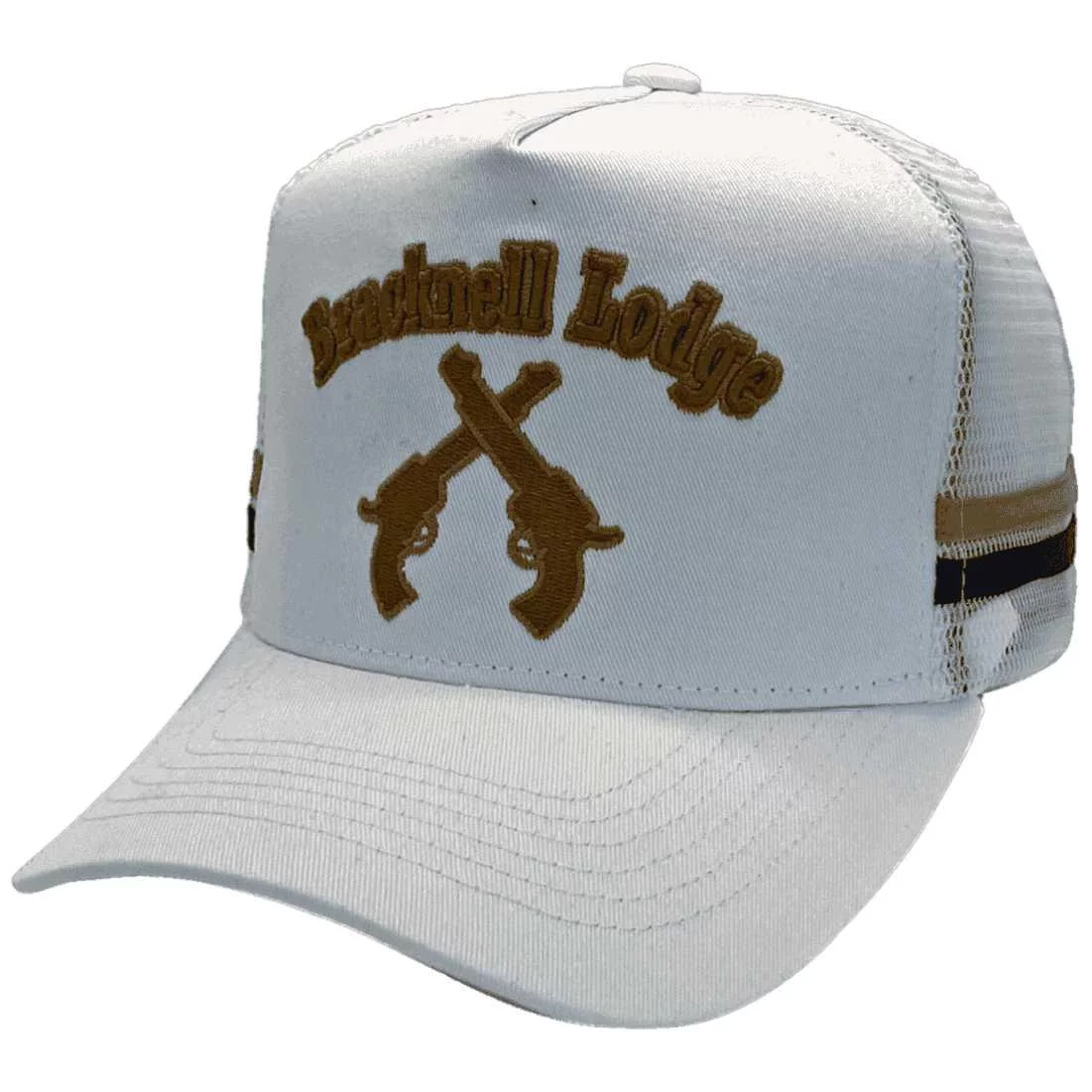 Bracknell Lodge Wedding Venue Wyreema Qld HP Midrange Aussie Trucker Hat with Australian Head Fit Crown and Double Side Bands White Gold