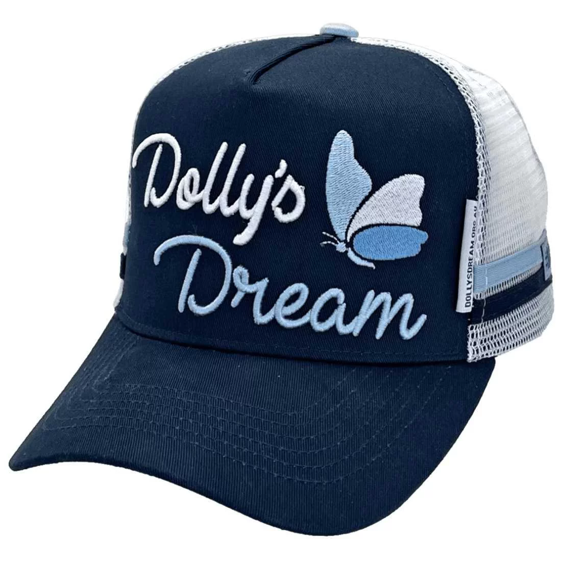 Dolly's Dream Foundation #doitfordolly HP Midrange Aussie Trucker Hat with Australian Head Fit Crown and 2 Side Bands Navy White Blue