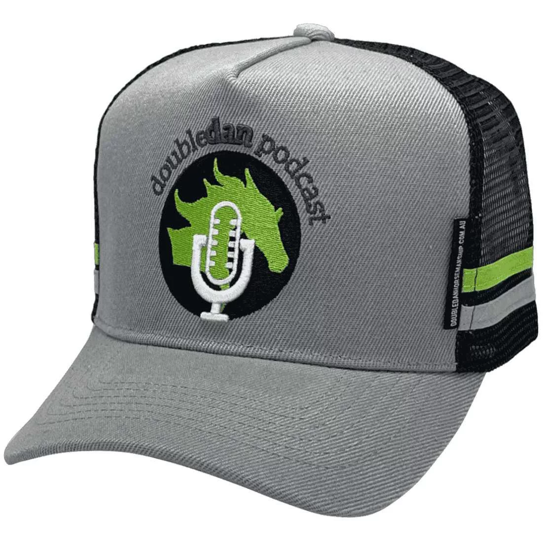 Double Dan Podcast Kootingal NSW HP Midrange Aussie Trucker Hat with Australian Head Fit Crown and Double Side Bands Grey Black Lime