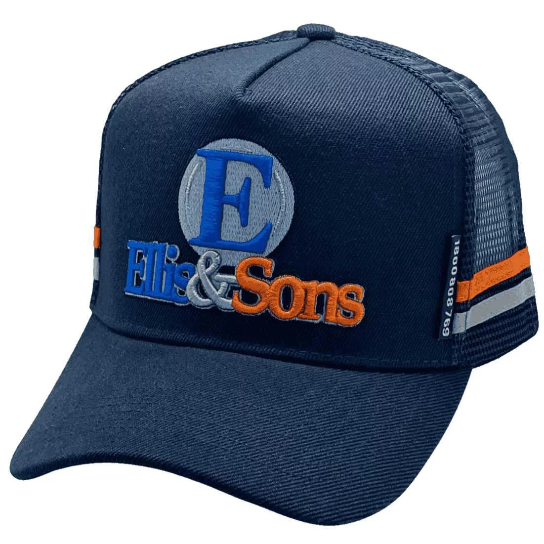 Ellis & Sons Cowra NSW HP Midrange Aussie Trucker Hats with Australian Head Fit Crown and 2 Side Bands Navy Orange Grey