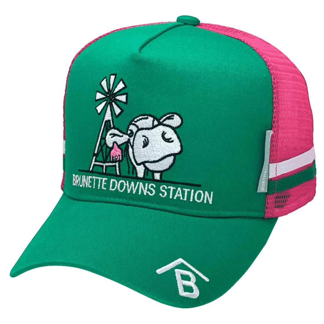 Brunette Downs Station AACo Barkley Tablelands Qld HP Midrange Aussie Trucker Hat with Australian Head Fit Crown and 2 Side Bands Green Hot Pink White