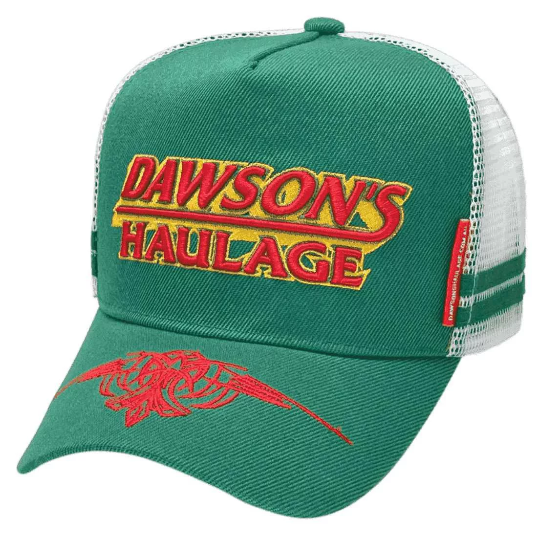 Dawson's Haulage Baranduda Vic HP Power Aussie Trucker Hat with Australian Head Fit Crown and Double Side Bands Green White