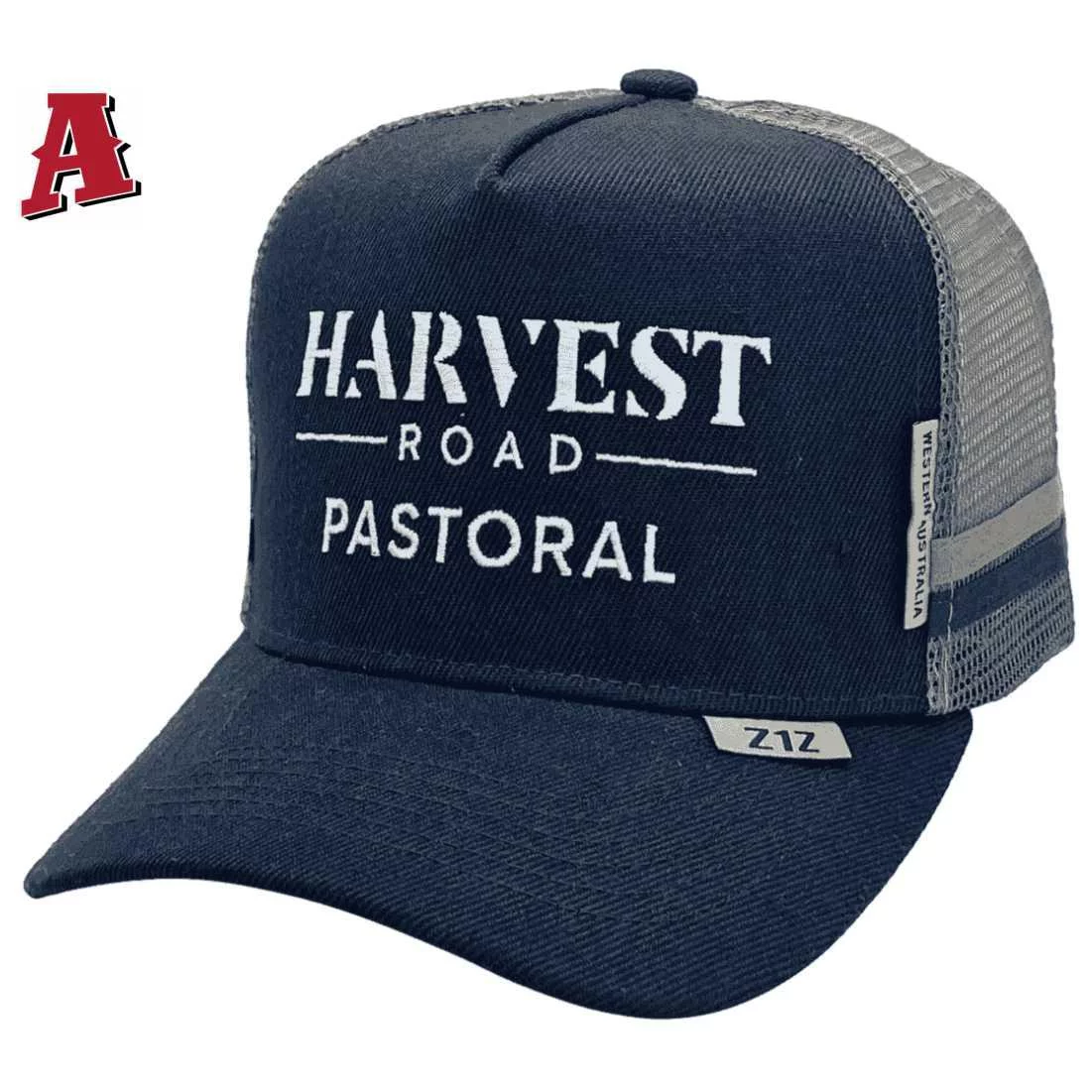 Harvest Road Beef Perth WA HP Midrange Aussie Trucker Hats with Australian Head Fit Crown and 2 Side Bands Navy Grey Brown