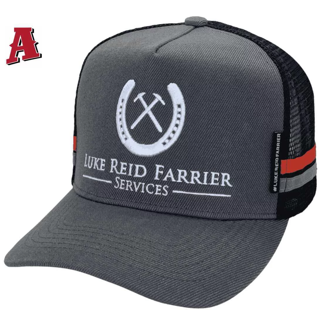 Luke Reid Farrier Services Serpentine/Jarrahdale Perth WA HP Midrange Aussie Trucker Hat with Australian Head Fit Crown and Double Sidebands -Grey Black Red