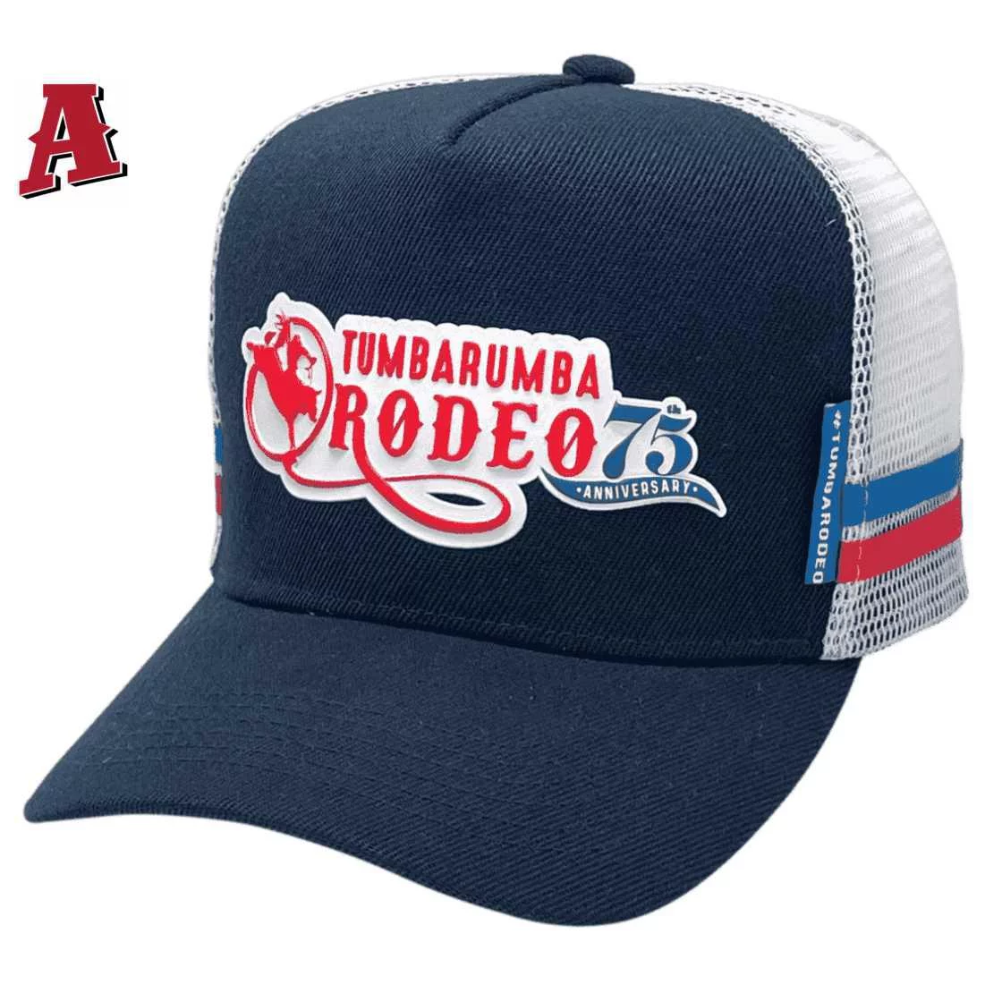 Tumbarumba Rodeo Tumbarumba NSW Midrange Aussie Trucker Hat with Australian Head Fit Crown and Double Side Bands Navy White Blue Red