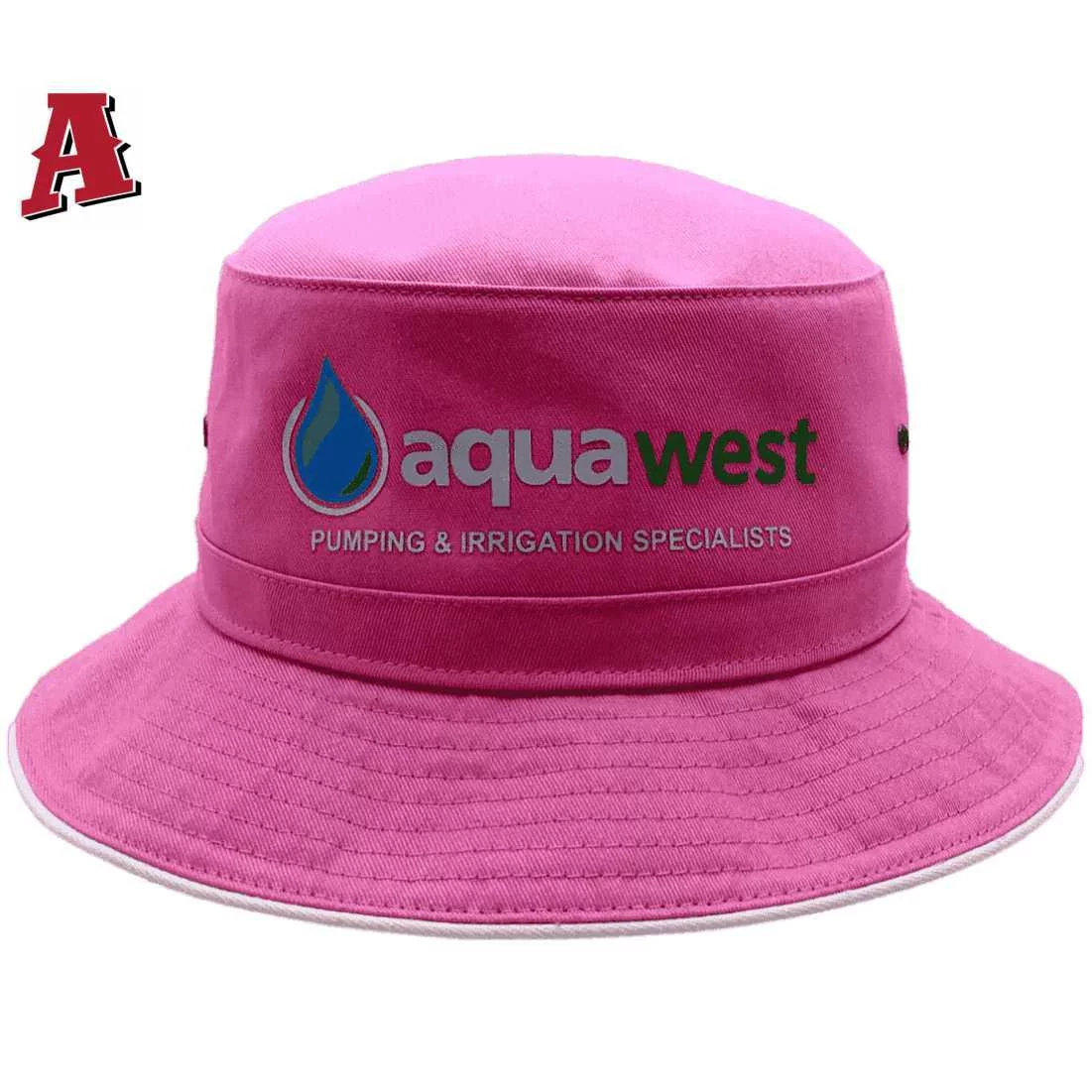 Aquawest Pumping and Irrigation Specialists Dubbo NSW Aussie Bucket Hat One Size Fits All with Adjustable Toggle Crown and Optional Brim size 5cm - 7.5cm Pink